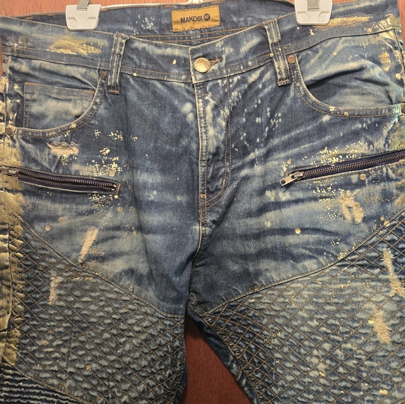 MAKOBI blue & gold distressed NEW JORTS! sz36 - Picture 3 of 10